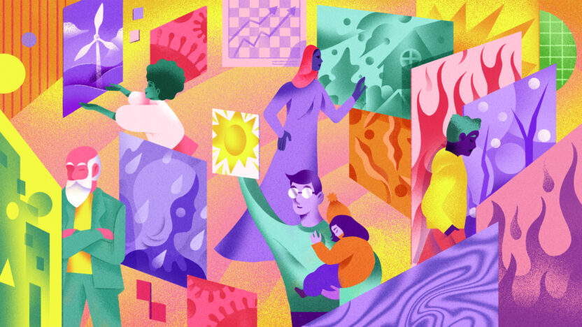 Illustration shows various people reaching out and touching floating squares with images representing various crisis