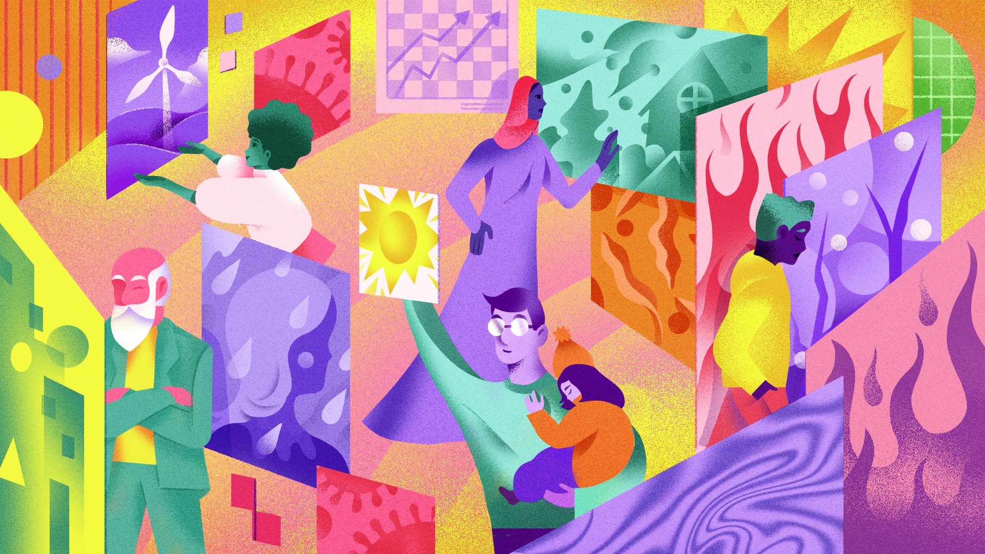 Illustration shows various people reaching out and touching floating squares with images representing various crisis