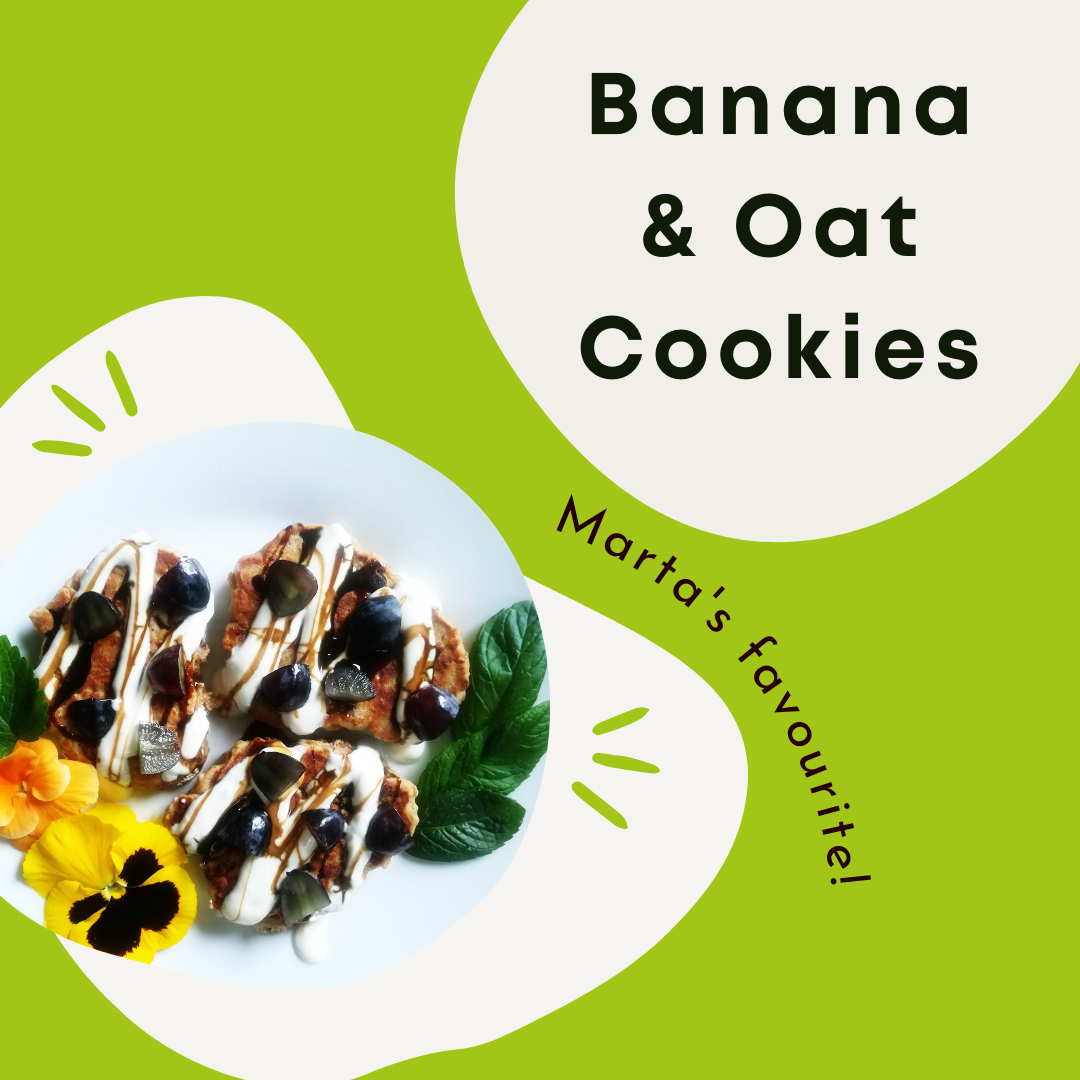 banana and oat cookies plated with flowers and herbs
