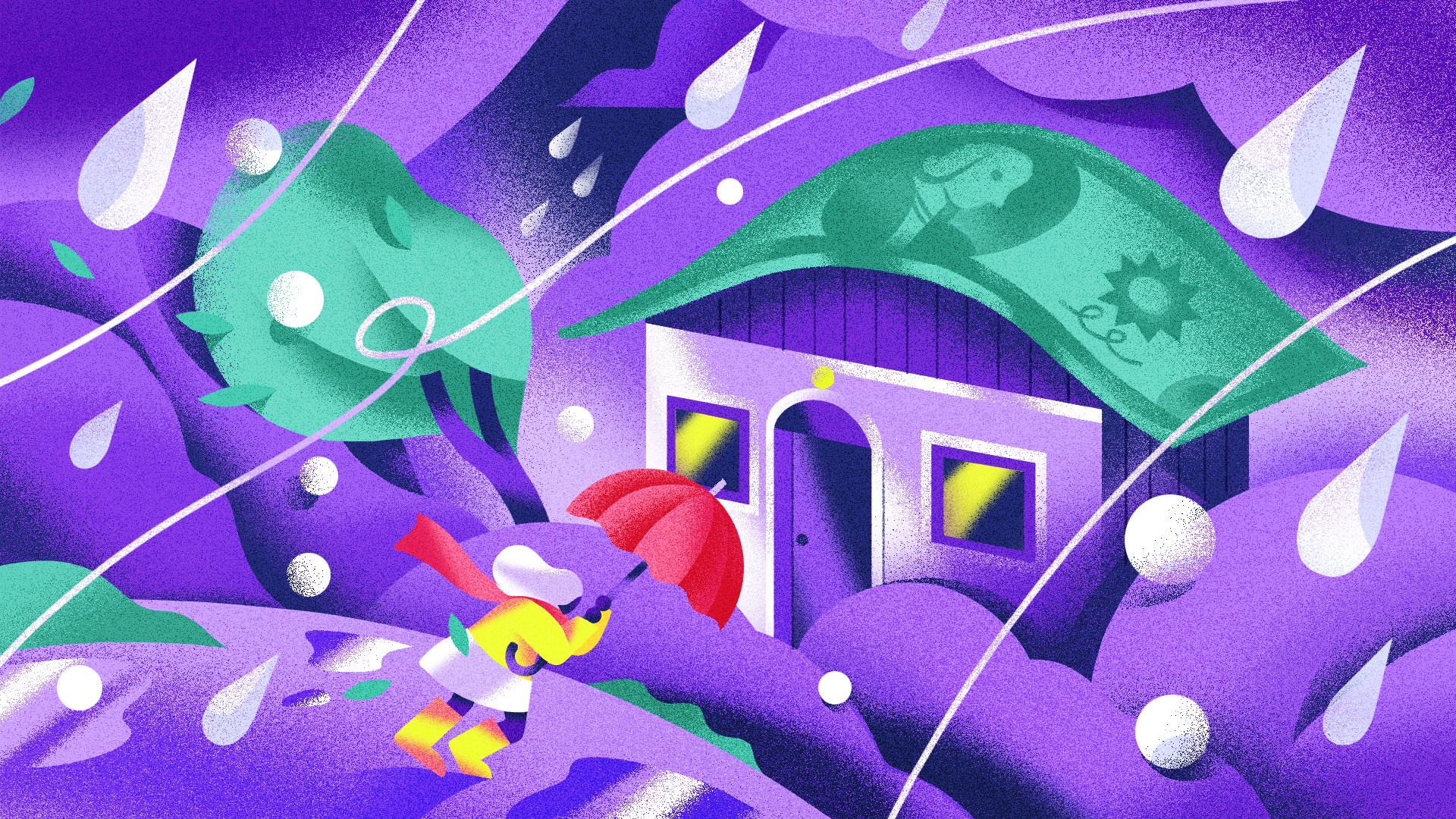 Illustration shows a person with an umbrella leaning into the wind as they make their way towards a building with a banknote for a roof