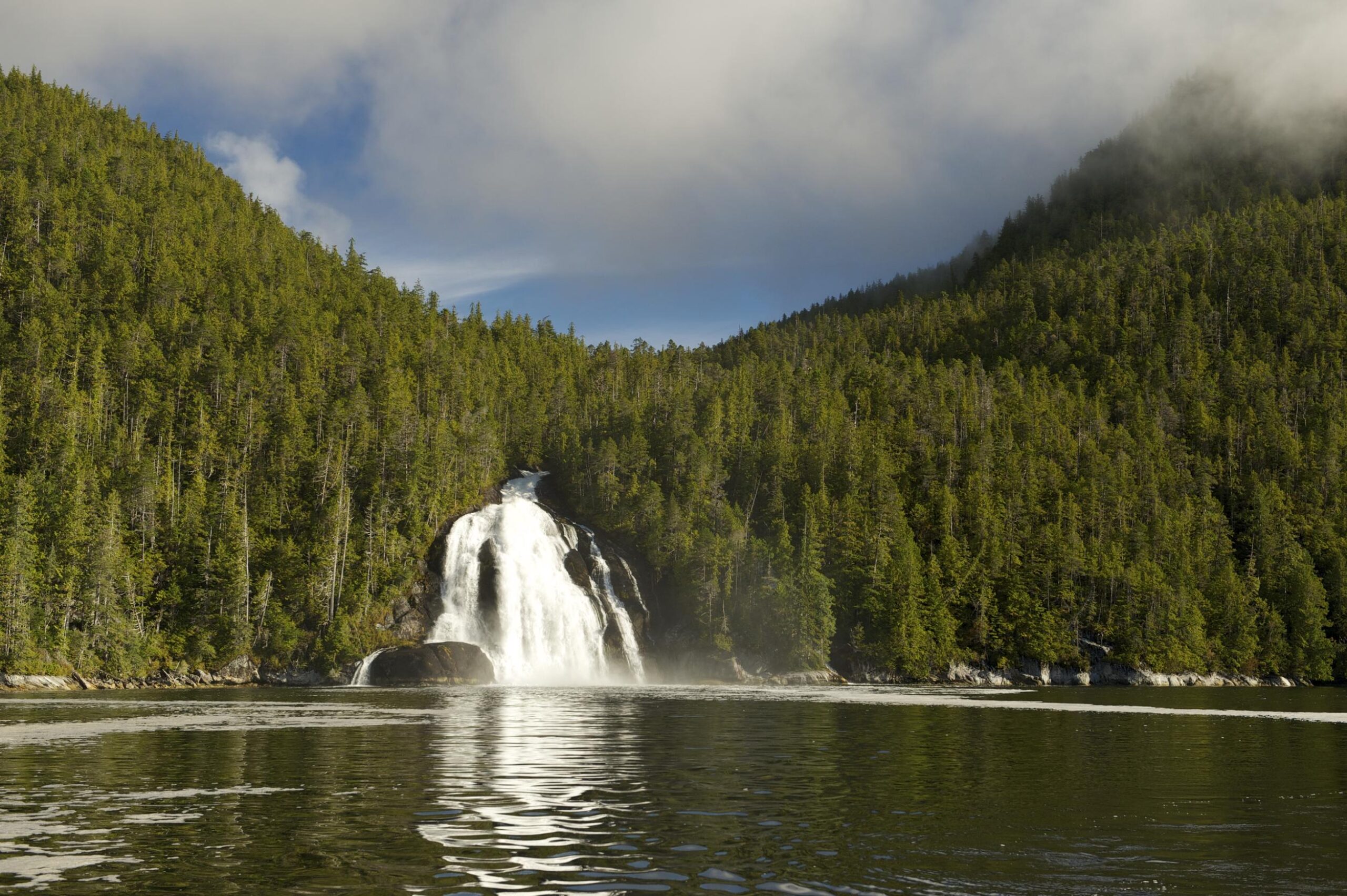A waterfall runs out from a densely-forested hillside and into a calm lake in the Great Bear Rainforest