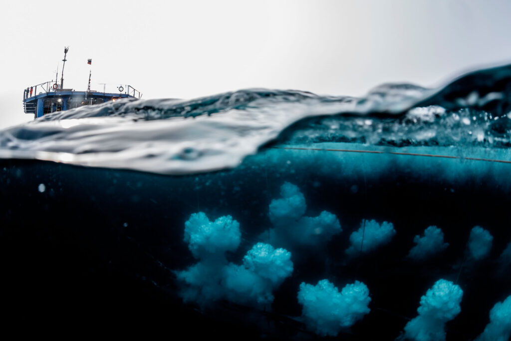 Large cloudy bubbles under the water, with a boat show in the distance above the water