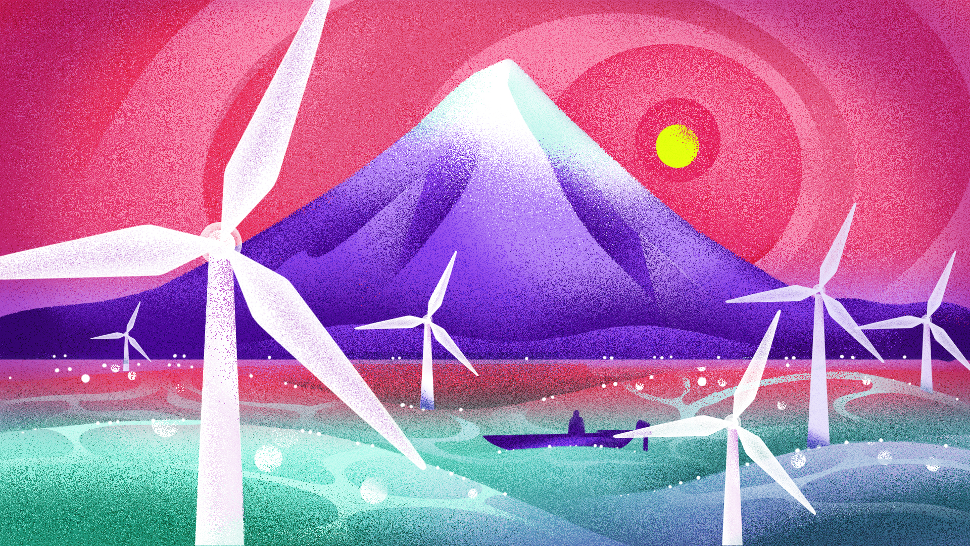 Illustration shows wind turbines in turbulent seas, with a mountain in the background