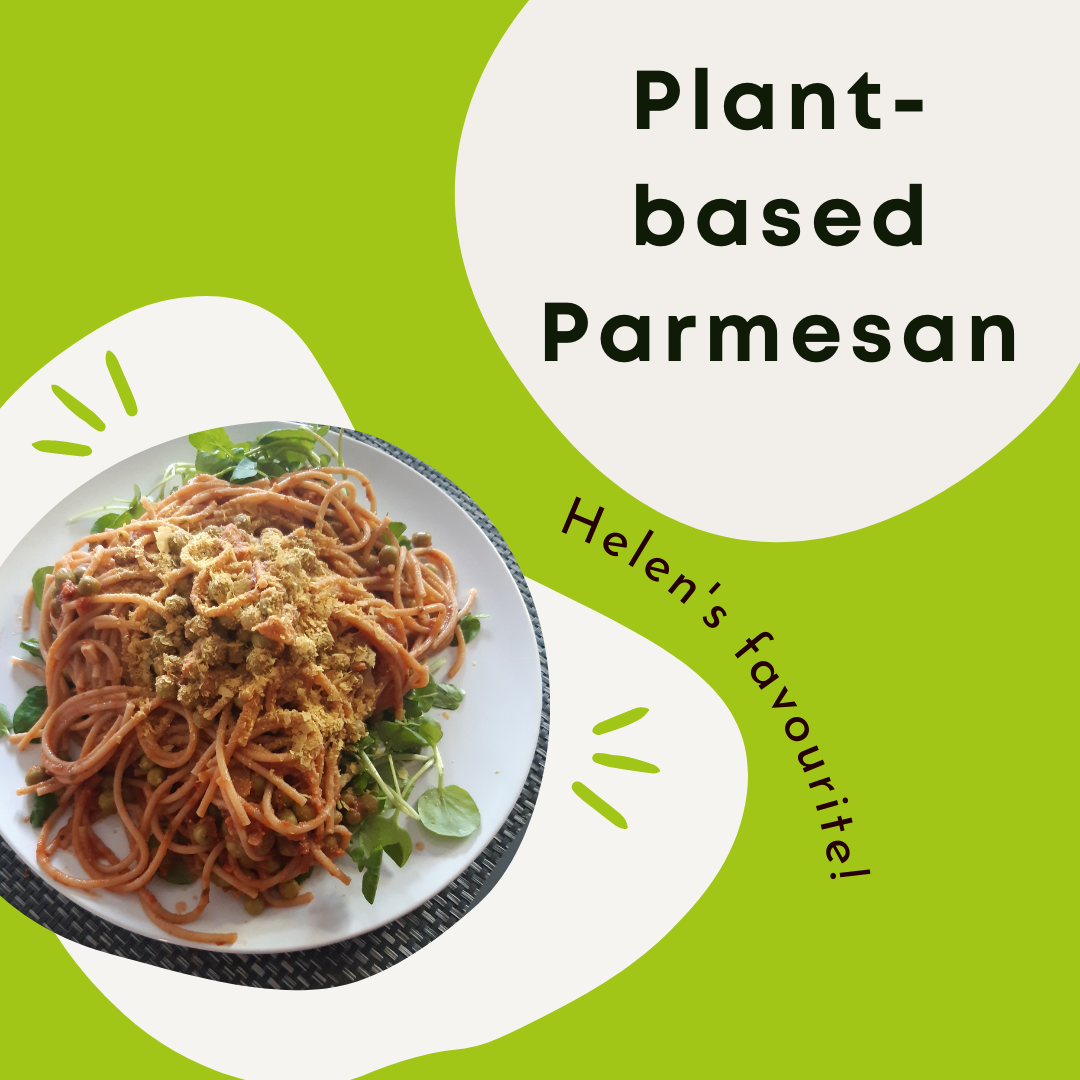 spaghetti dish with a plant-based parmesan topping