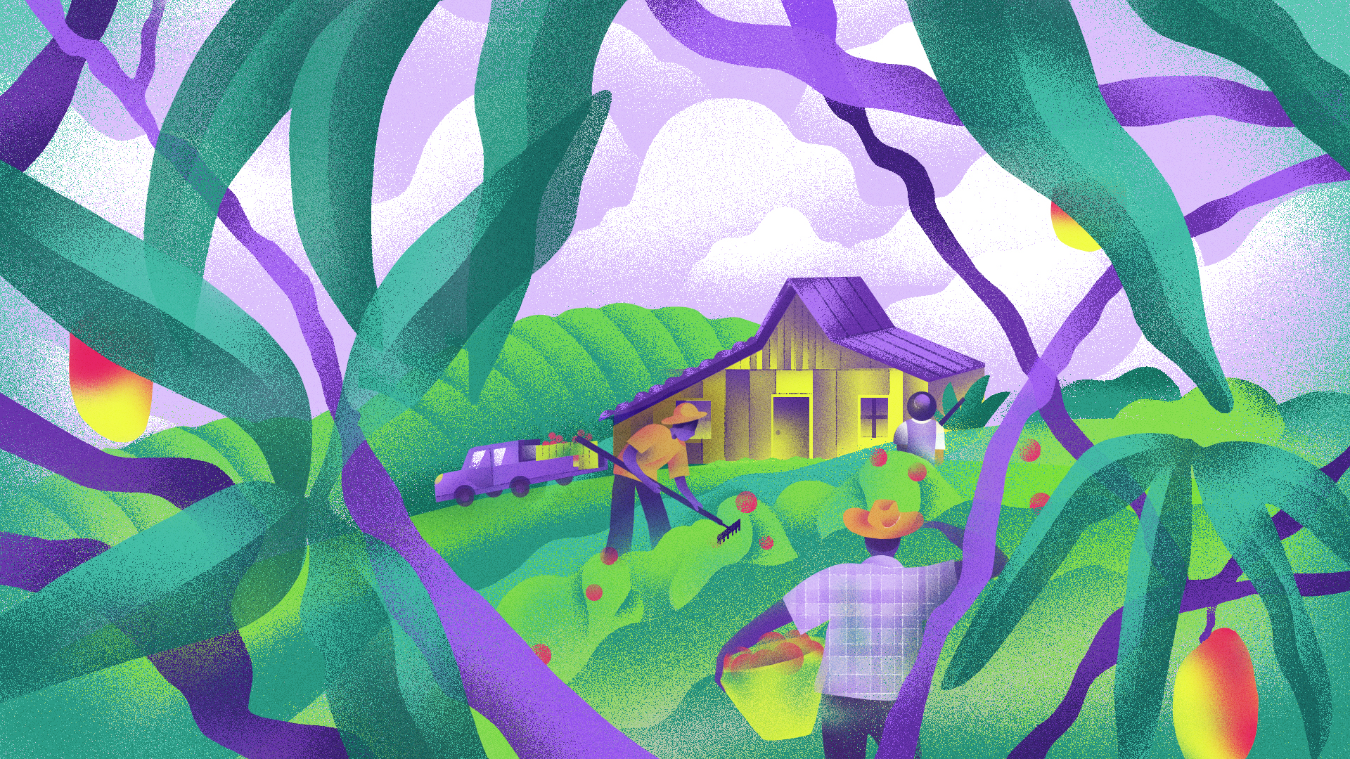 Illustration shows people harvesting crops in a lush landscape