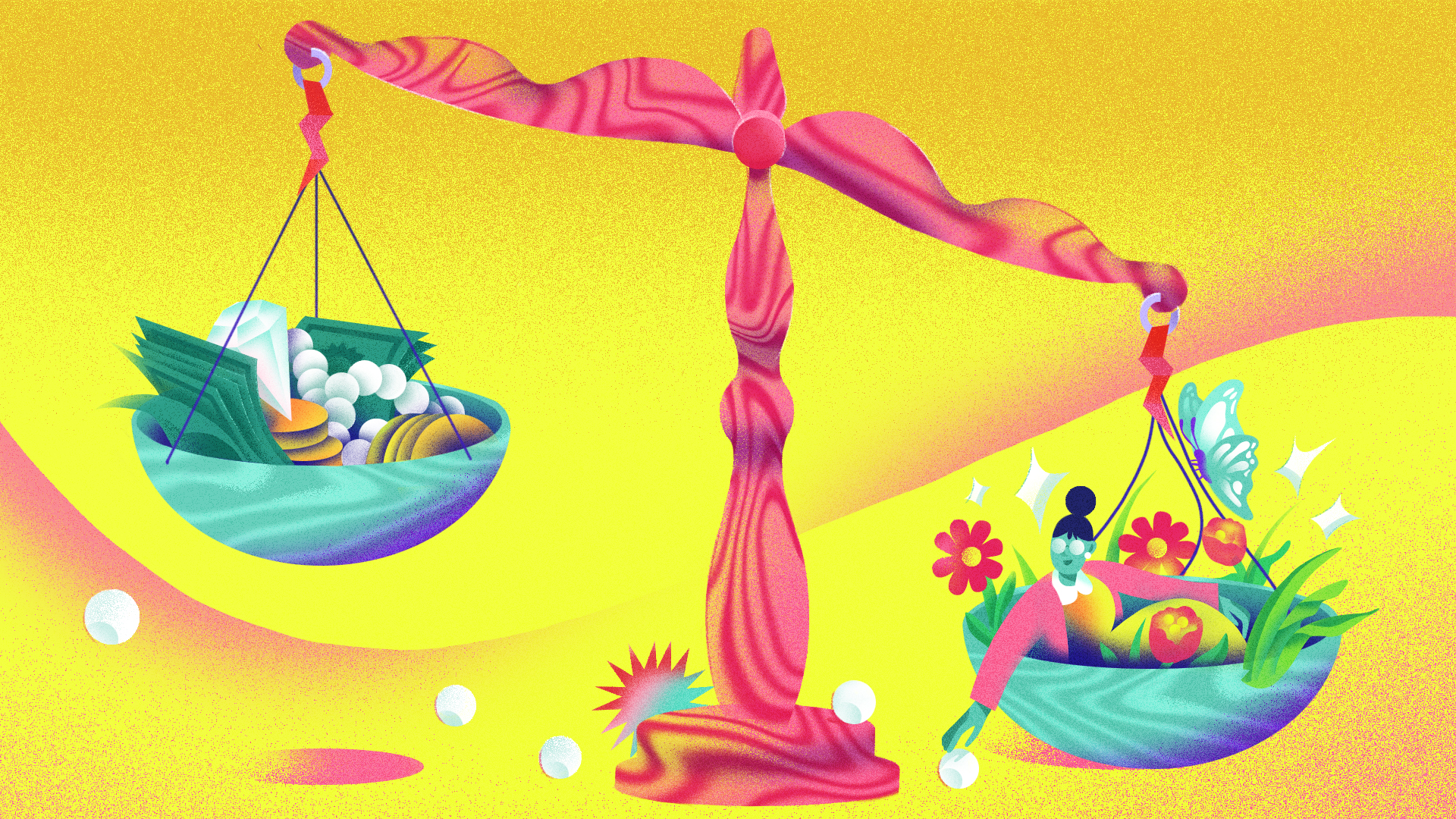 Illustration shows an old-fashioned balance scale with people and nature represented on one side, outweighing money and gemstones on the other