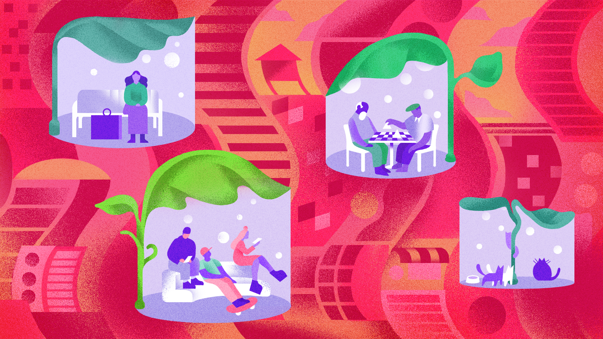 Illustration shows various scenes of city life - skateboarders, people playing chess, cats gather - all shaded under giant leaves