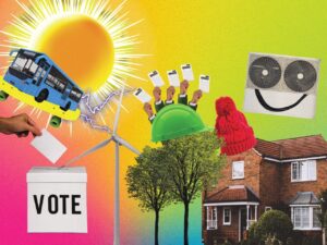 A composite image on a bright yellow pink and green gradient background, including a house with a woolly hat on it, a bus on a skateboard, a smiling face with heat pump fans for eyes, a wind turbine and a ballot box