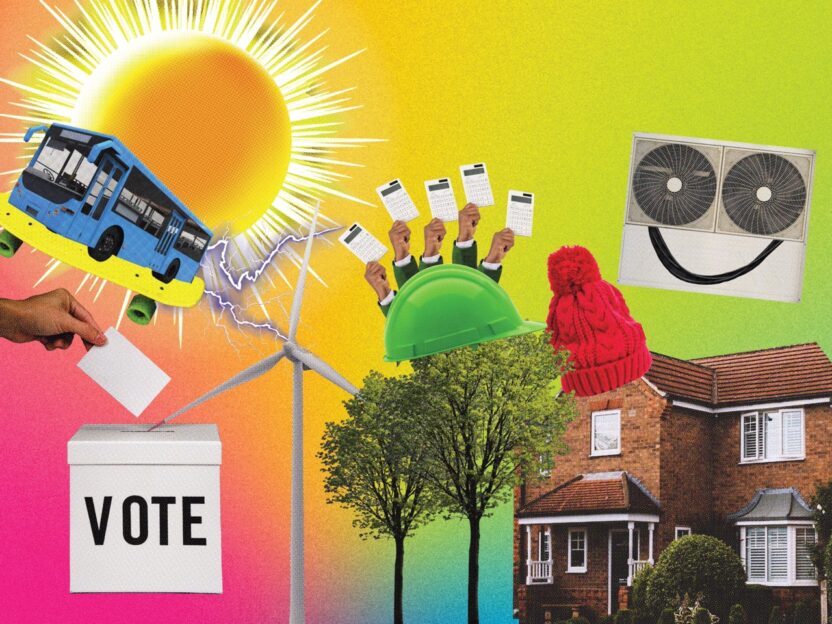 A composite image on a bright yellow pink and green gradient background, including a house with a woolly hat on it, a bus on a skateboard, a smiling face with heat pump fans for eyes, a wind turbine and a ballot box