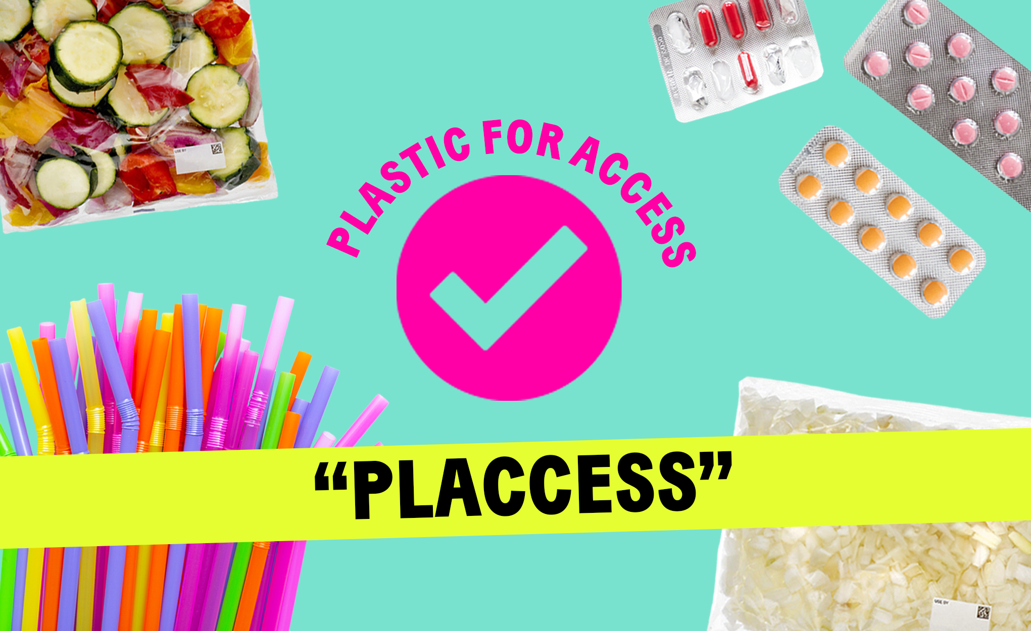 Photo montage shows plastic straws, pill packets and chopped vegetables.