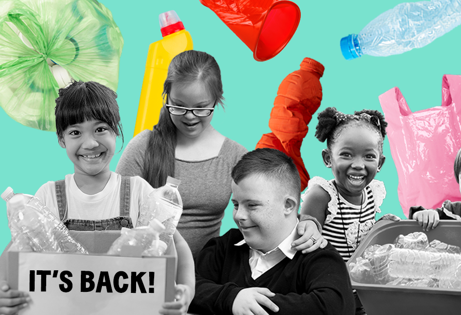 Photo montage shows smiling children counting plastic against a colourful background.