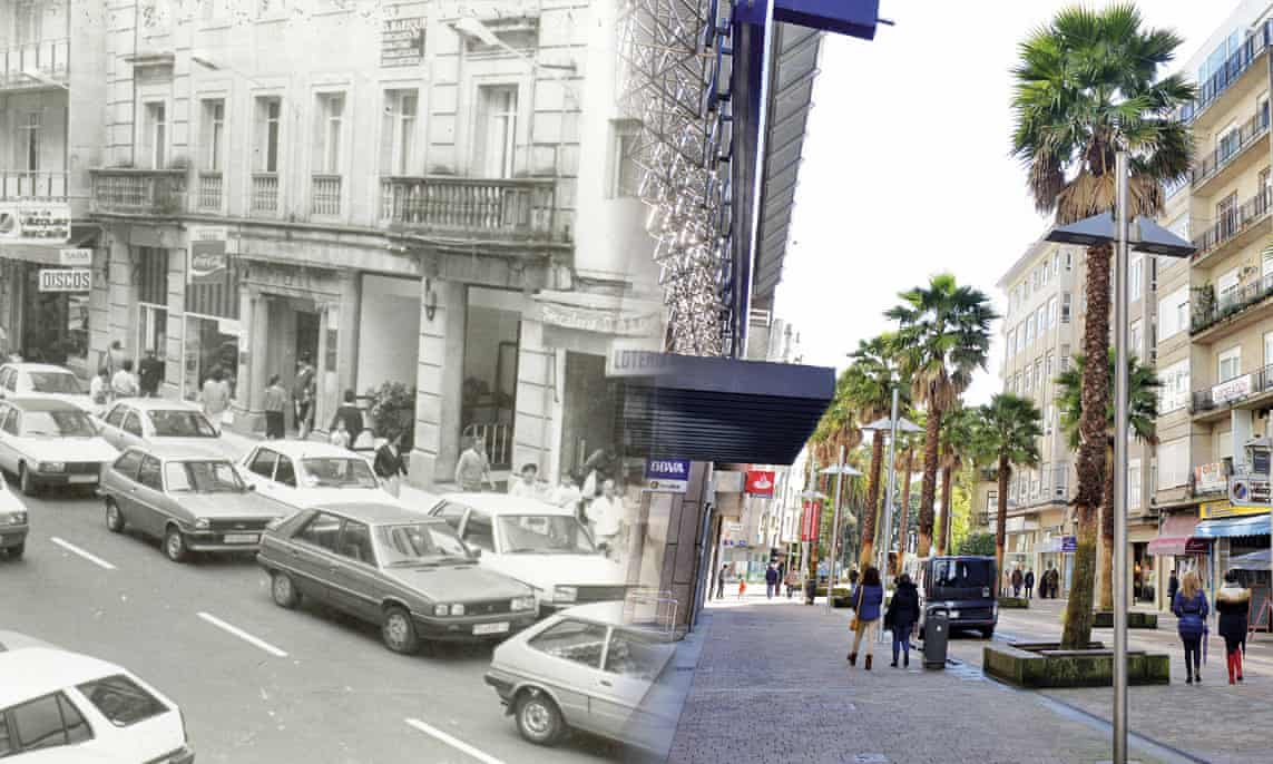 a before-and-after montage with a black and white photograph on the left with a street filled with cars, and the same street on the left in full colour with no cars, trees and people walking in the pedestrianised avenue