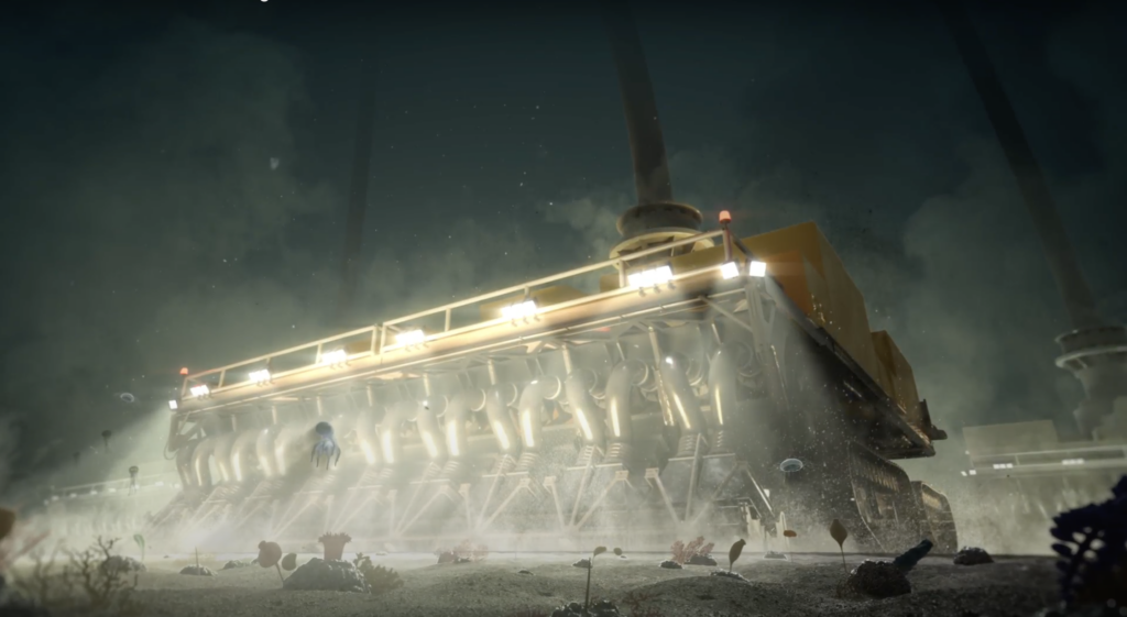 Still from an animated film about deep sea mining, showing a huge machine ploughing up the seabed with powerful headlights.