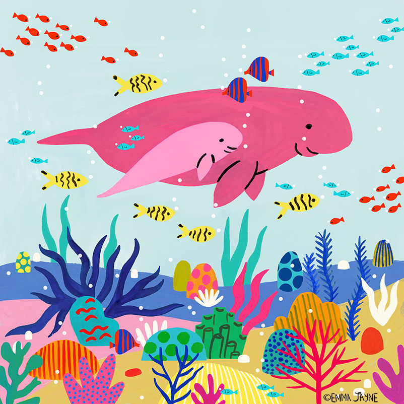 Two dugongs, adult and baby, in bright and pastel pink respectively, on a pale blue background with many colourful sea creatures on the ocean floor below them, and tropical fish in yellow and black stripe and blue and red stripe around them.