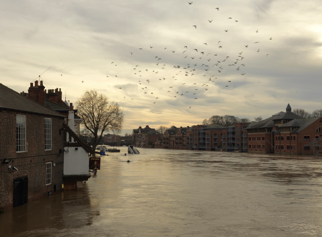 A flooded river running through an old city in watery winter light