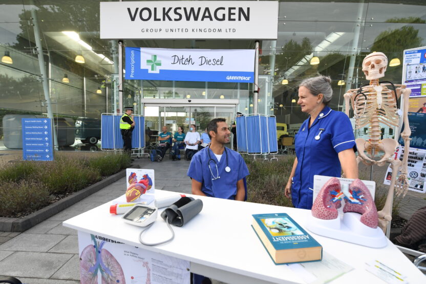Anti-diesel campaigners and medics block hundreds of Volkswagen staff from head office