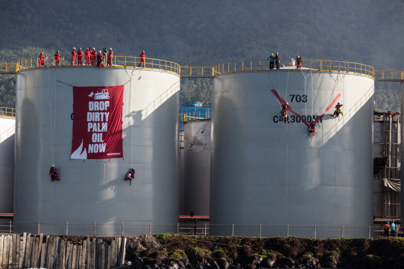 Palm oil refinery loaded with dirty palm oil occupied by Greenpeace