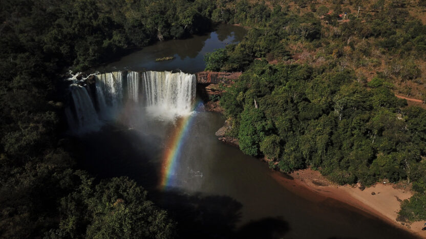 aerial shot of waterfall and forest