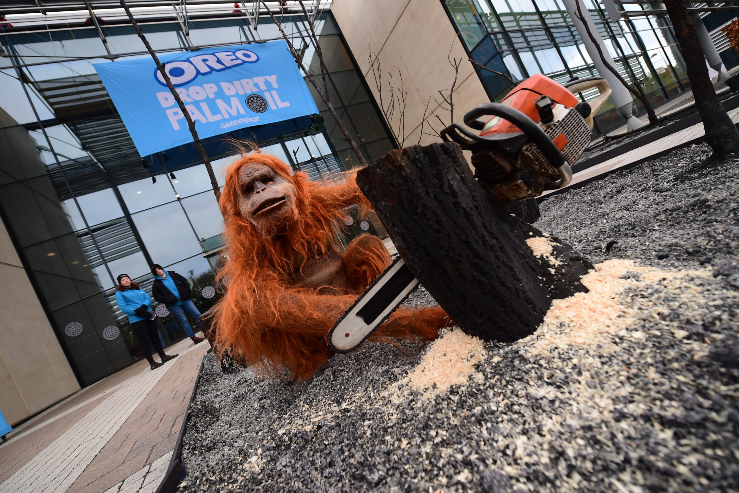Greenpeace brings scene of forest destruction featuring lifelike orangutan to headquarters of OREO cookies