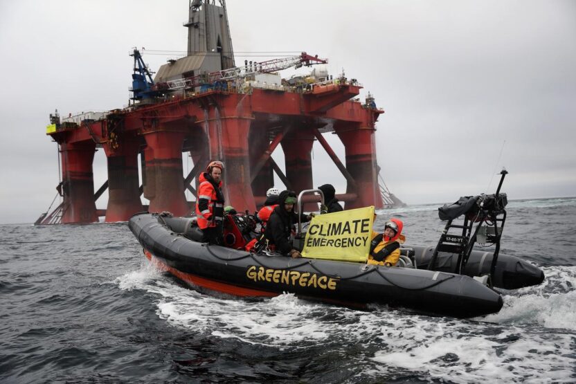 Activists on Boat alongside BP Oil Rig in the North Sea
