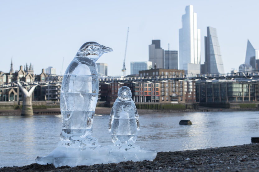 Two ice scuplture penguins melt on the banks of the River Thames with the city and Millennium footbridge in the background