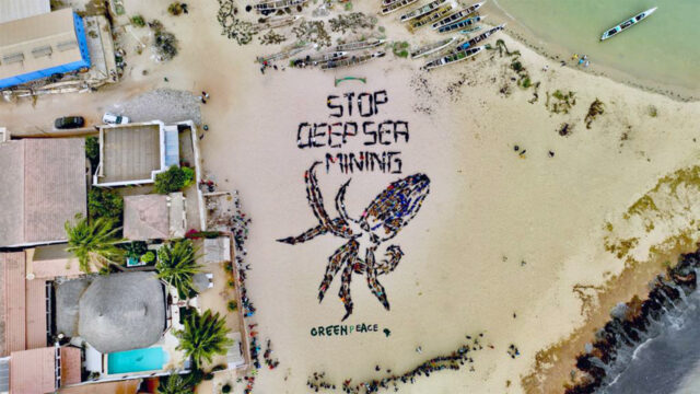From above, people lie on a sandy beach to create a giant banner saying "Stop deep sea mining" and make the shape of an octopus.