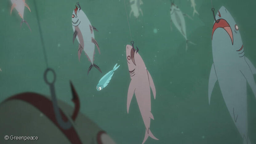 Lifeless sea creatures like sharks and tuna hanging from hooks in the ocean - a scene from an animation Greenpeace commissioned.