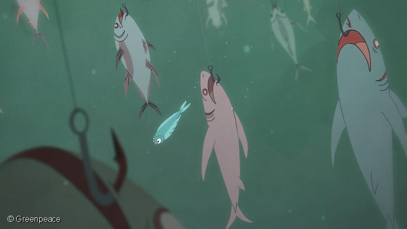 Lifeless sea creatures like sharks and tuna hanging from hooks in the ocean - a scene from an animation Greenpeace commissioned.