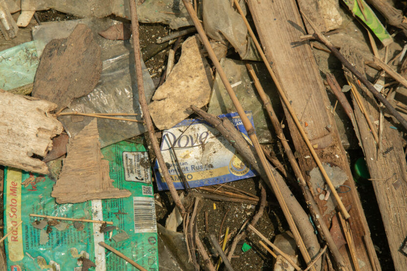 Twigs and driftwood overlaid on a few pieces of plastic, the most prominent of which is a Dove plastic sachet