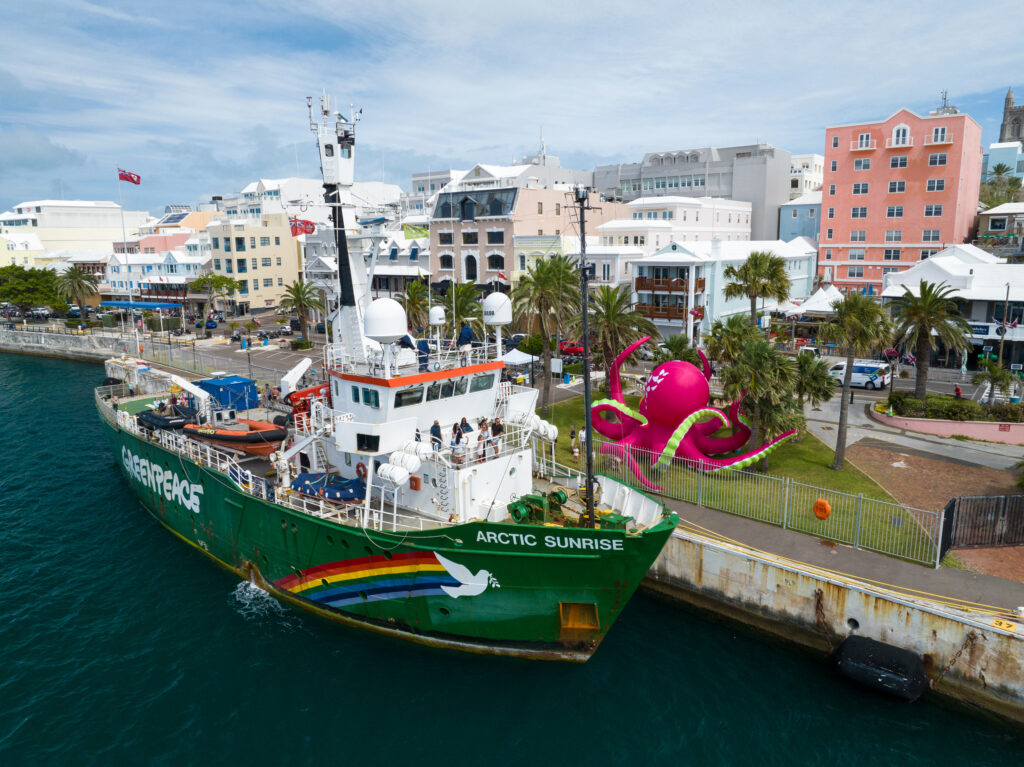 The Arctic Sunrise ship docked with a low-rise cityscape in the background and a giant inflatable octopus on the grass by the water's edge.