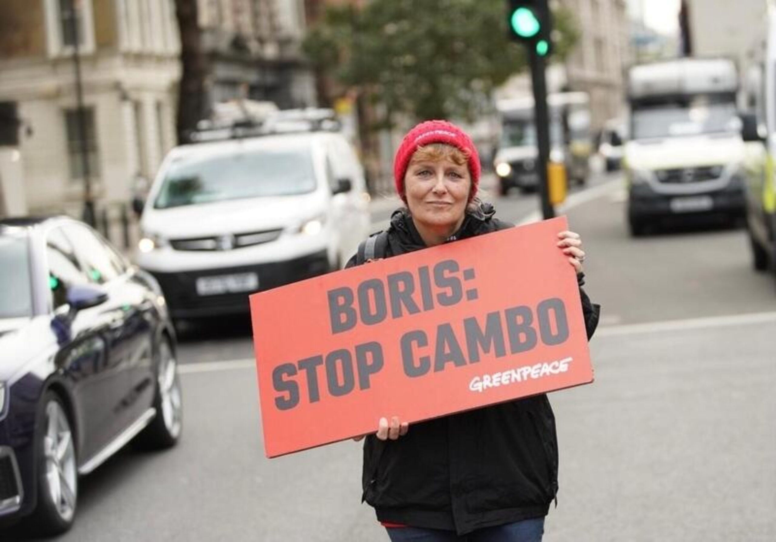 An activist stands in a road holding a sign that reads 'Boris: stop cambo'