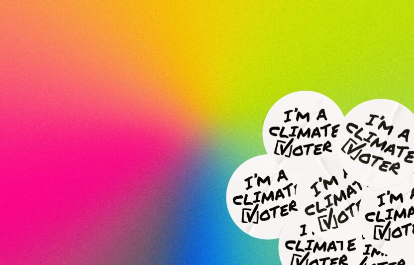 Stickers saying 'I'm a climate voter'