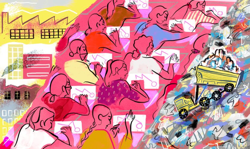 Colourful 3-panel illustration with factories on the left. The central panel is a scene in a fashion factory, with arounud 10 women working on sewing machines, wearing colourful clothes and some wearing facemasks. The final panel on the right is a piles of colourful clothing in landfill piles, with a yellow tractor pouring more clothes on to the piles.