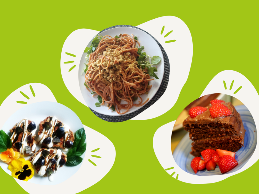 three vegan dishes on a green background