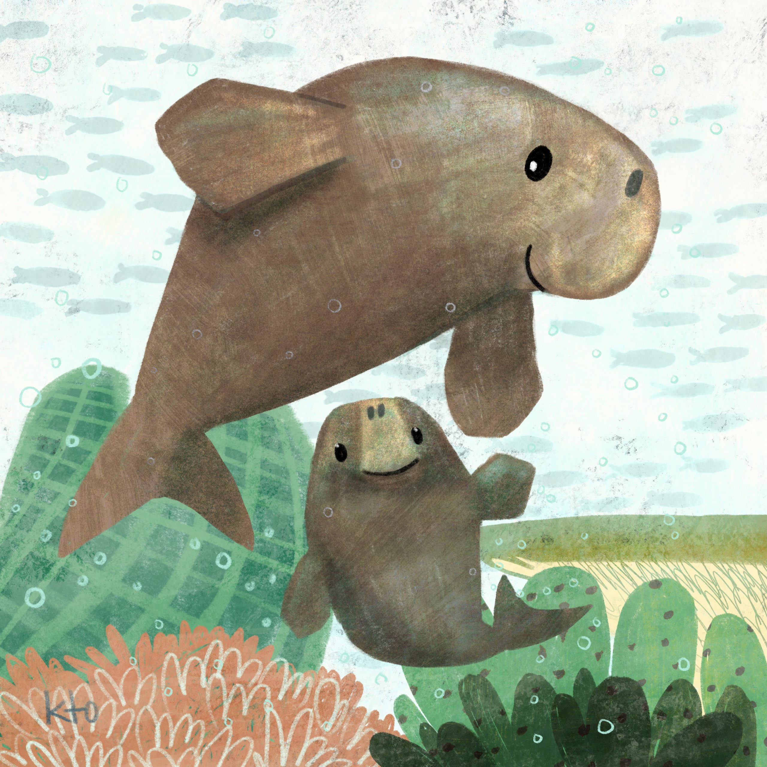 Two brown dugongs little and big clearly both smiling (the little one face on), with a background of seagrass and coral in green and orange on a pale blue fish patterned background.
