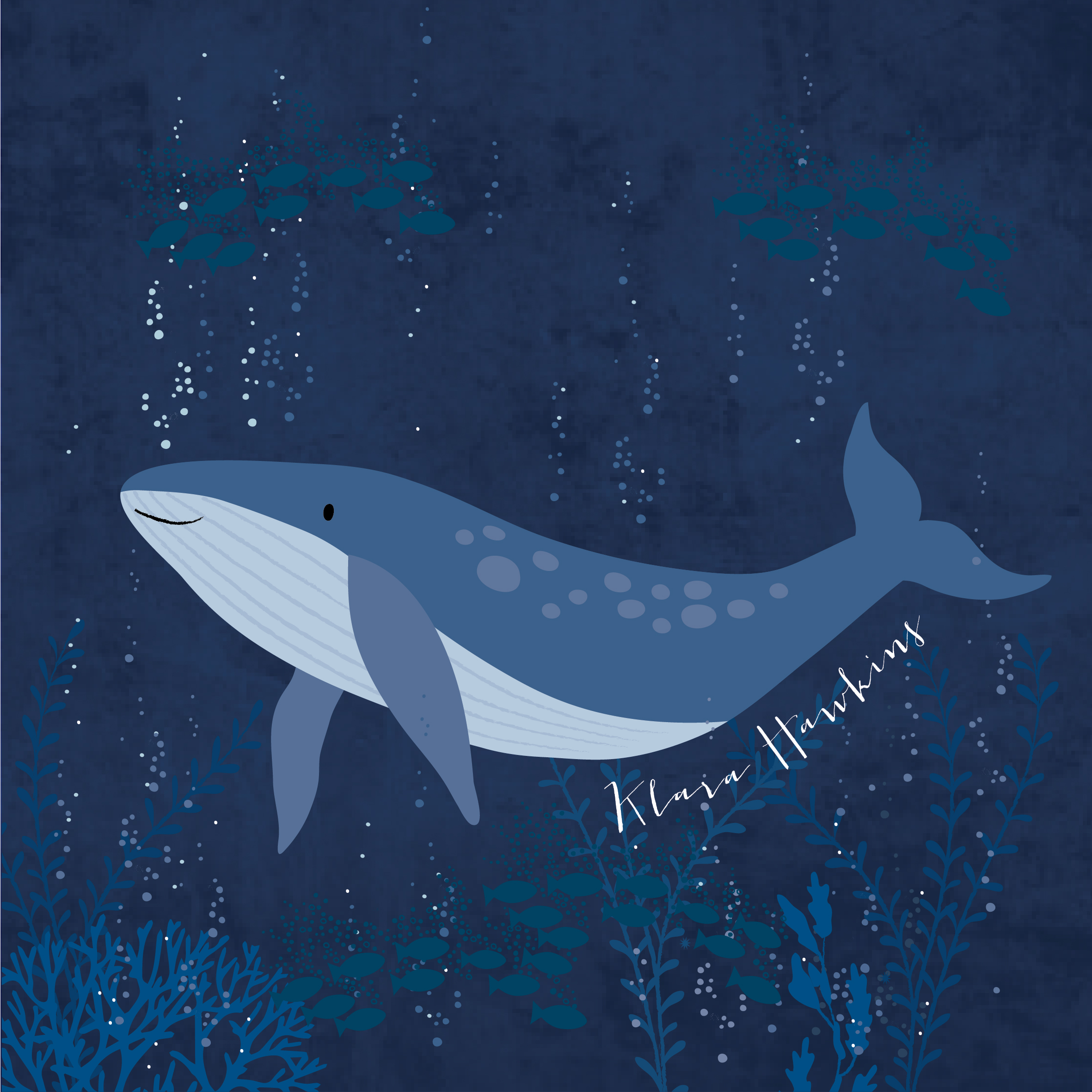 A light blue whale on a dark blue background with sea life such as coral and fish above and below. There are white bubbles coming off the whale and she has a little smile. The artist's signature is written in white under the whale.