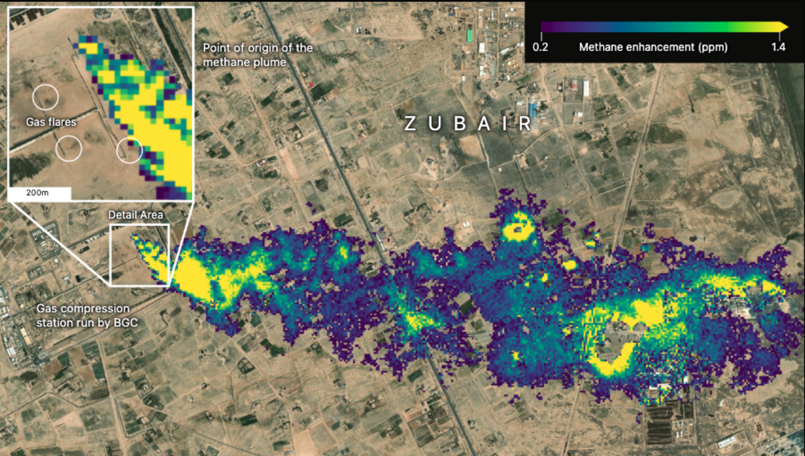 Satellite image with colourful visualisation of methane plumes