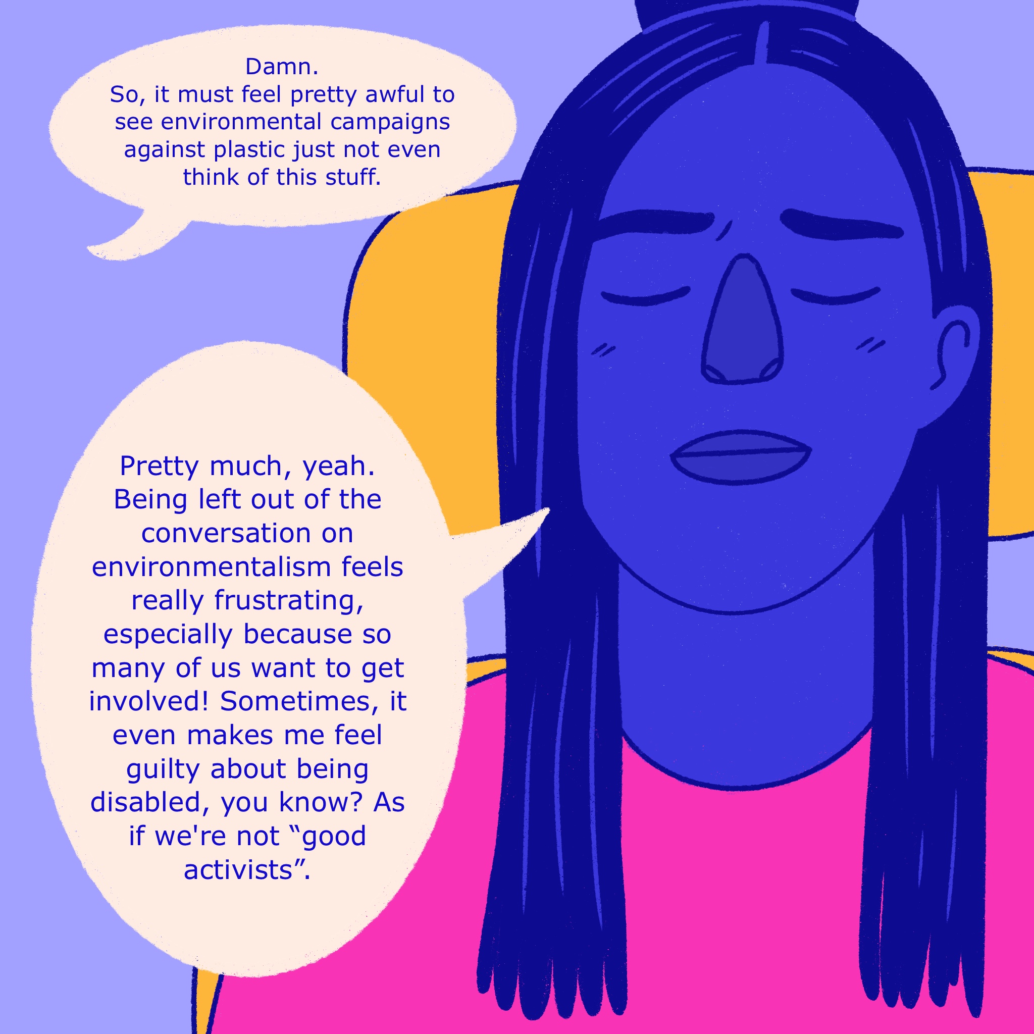 Comic panel on plastic and disability. See transcript below for full description.