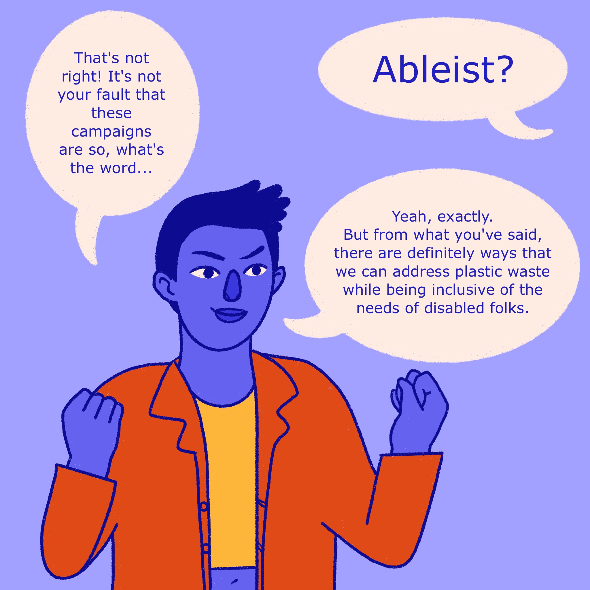 Comic panel on plastic and disability. See transcript below for full description.