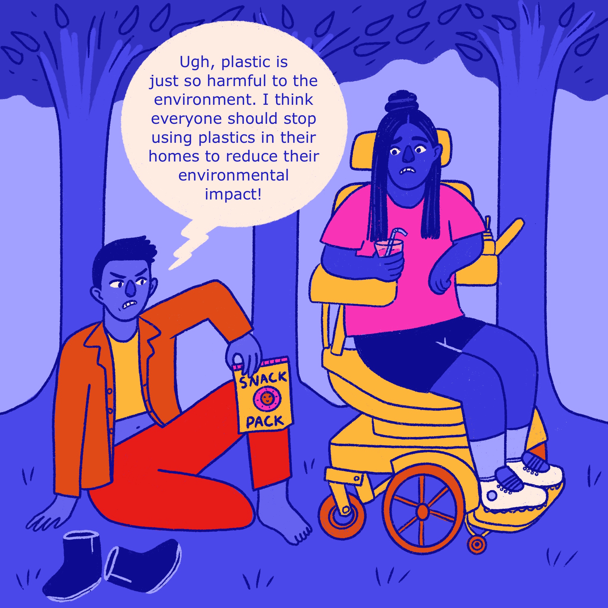 Comic panel on plastic and disability. See transcript below for full description.