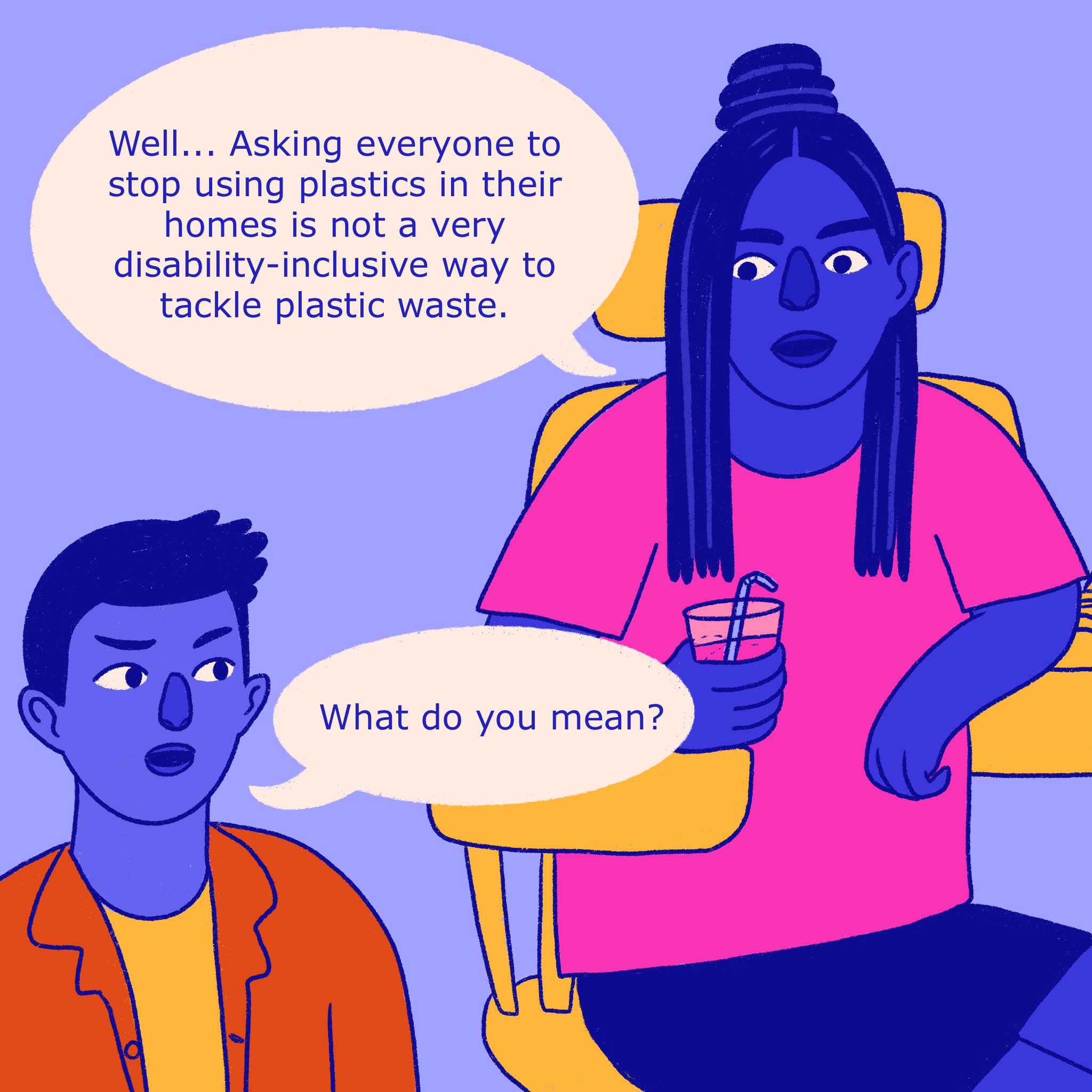 Comic panel on plastic and disability. See transcript below for full description.