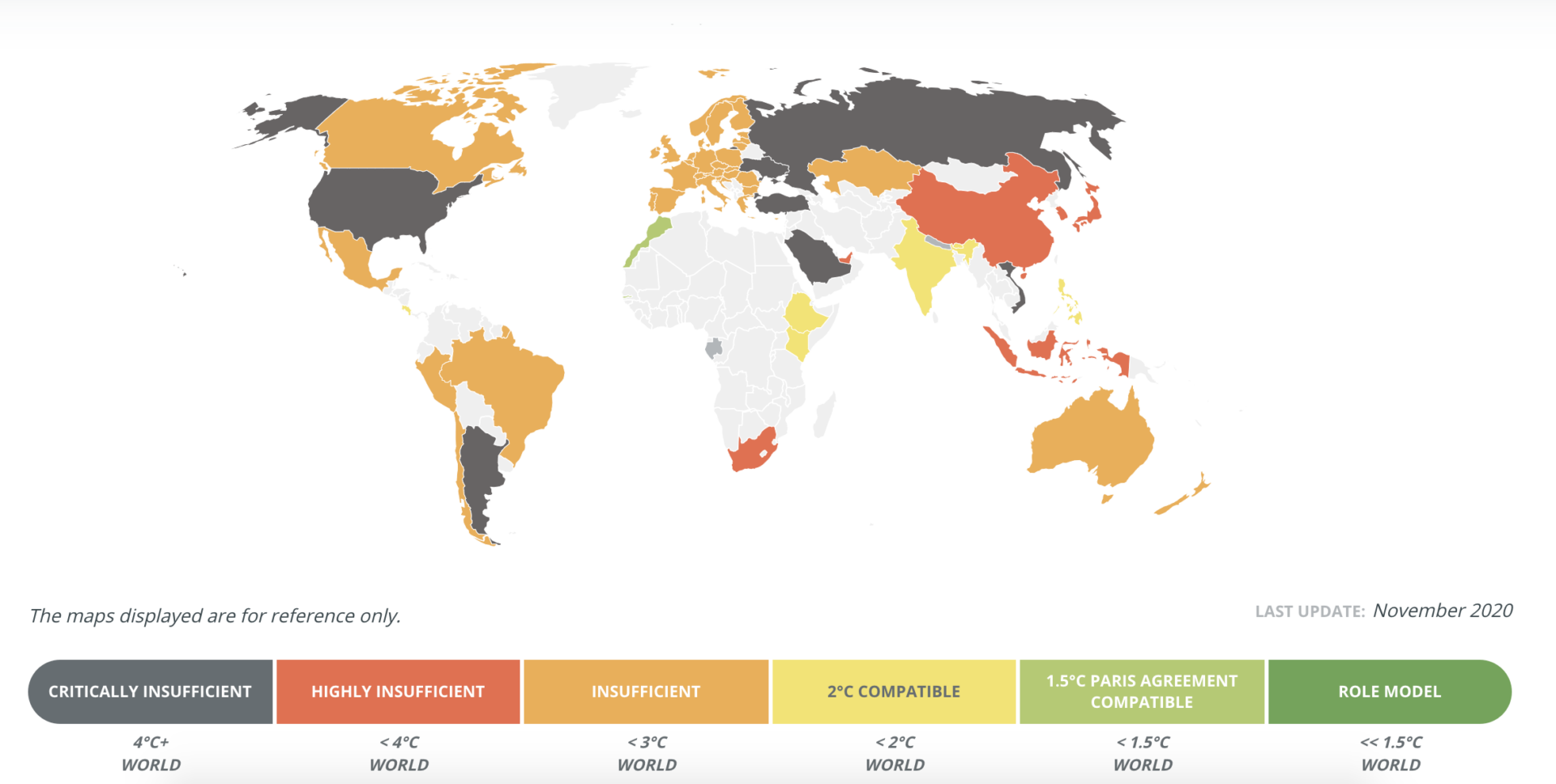 A world map, with countries colour-coded based on the strength of their Paris Climate Agreement pledges. Most are rated insufficient or critically insufficient.