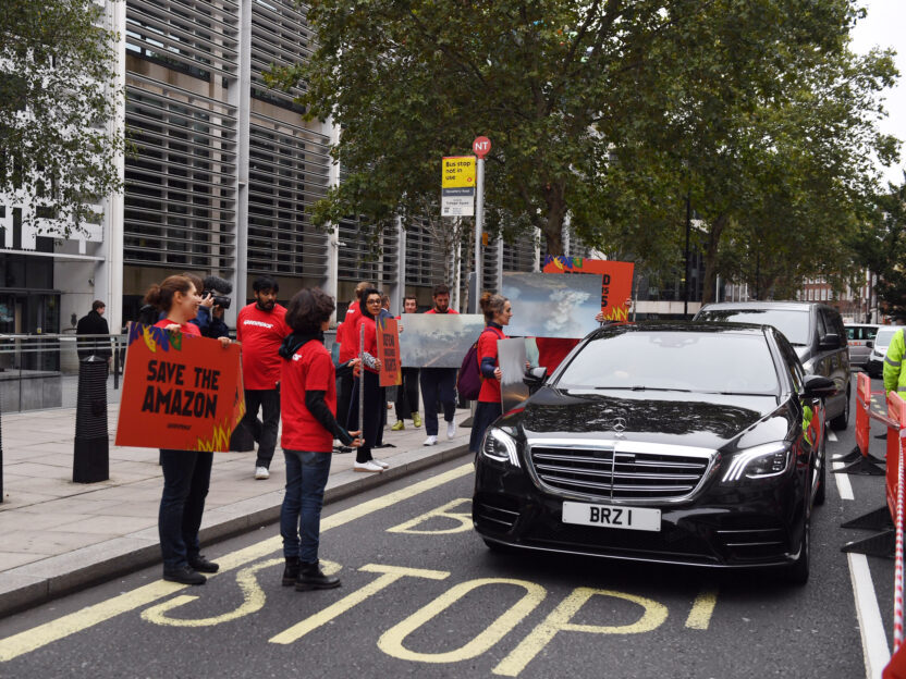 Greenpeace protest Brazil Environment Minister’s meeting with UK Environment Secretary