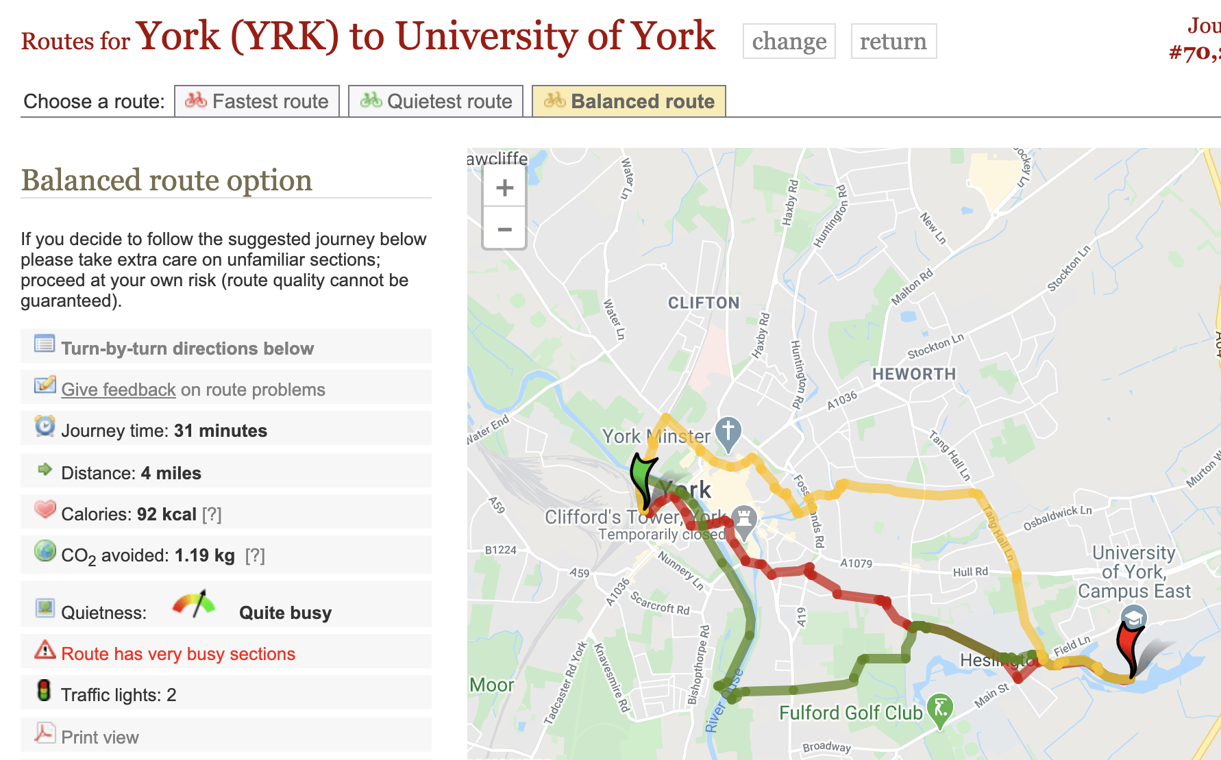 A cycling route map showing three ways to get from York railway station to York University