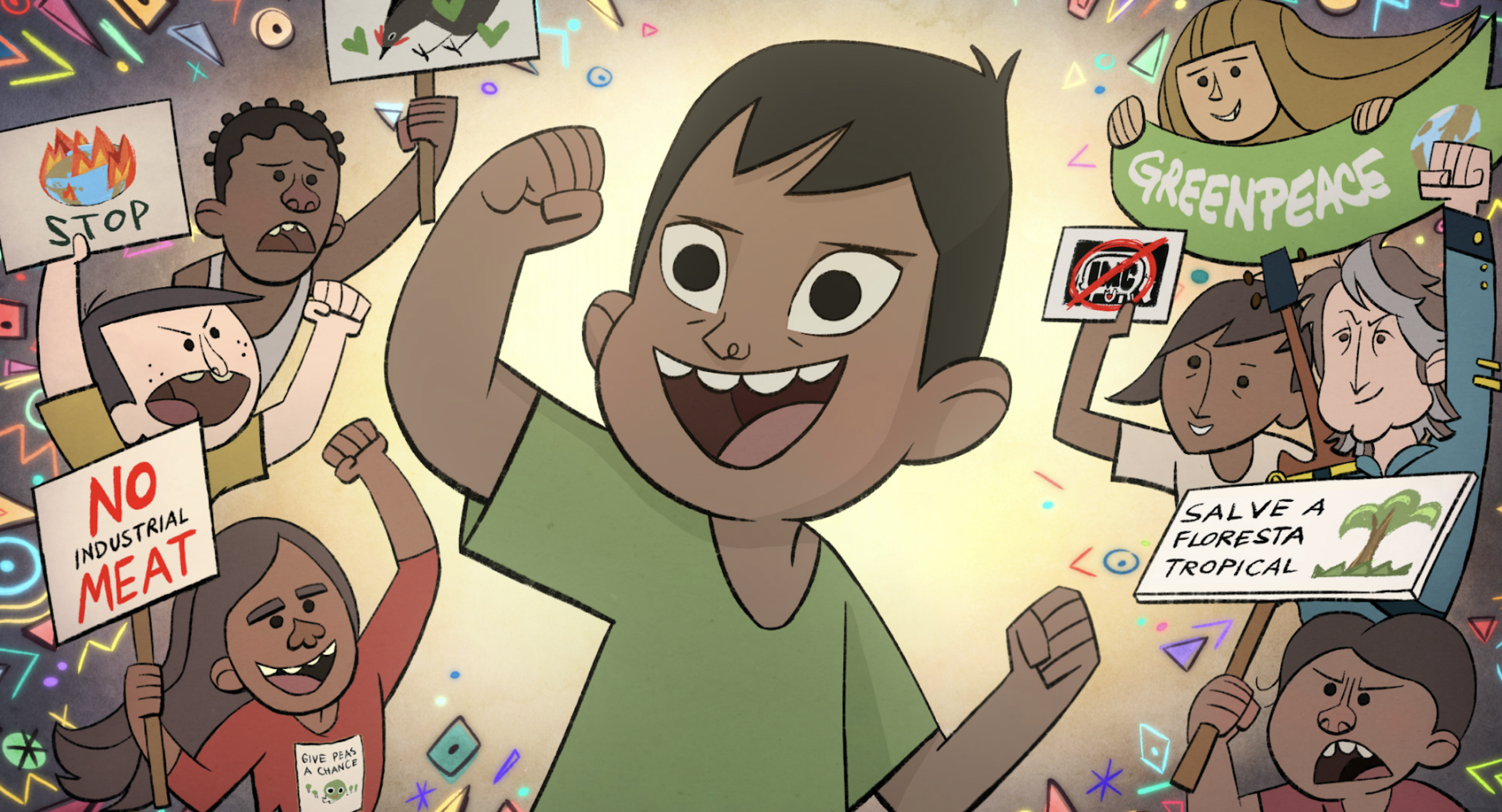 Screenshot of cartoon characters joyfully protesting, taken from the Monster animation