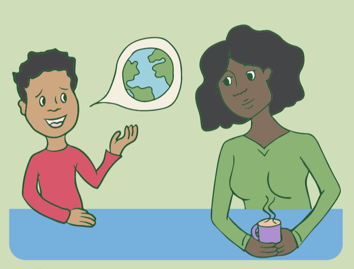 Illustration of a child speaking to an adult. The child's speech bubble shows the Earth.