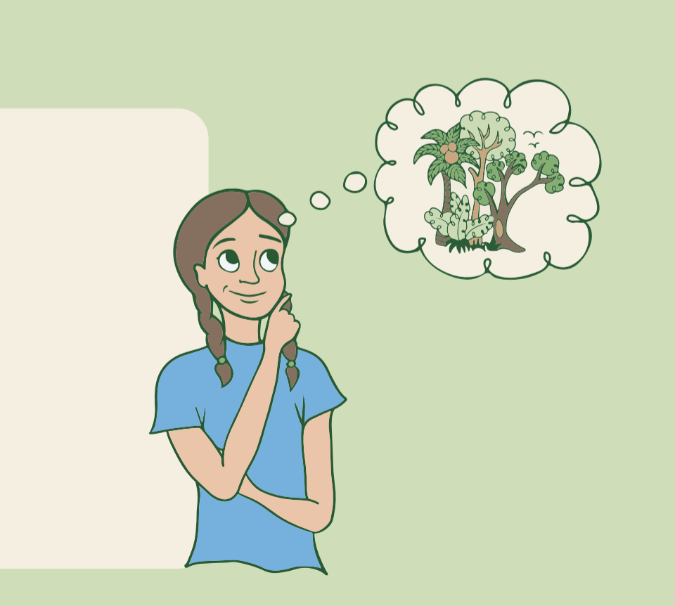 Illustration of a young woman with a thought-bubble showing a forest