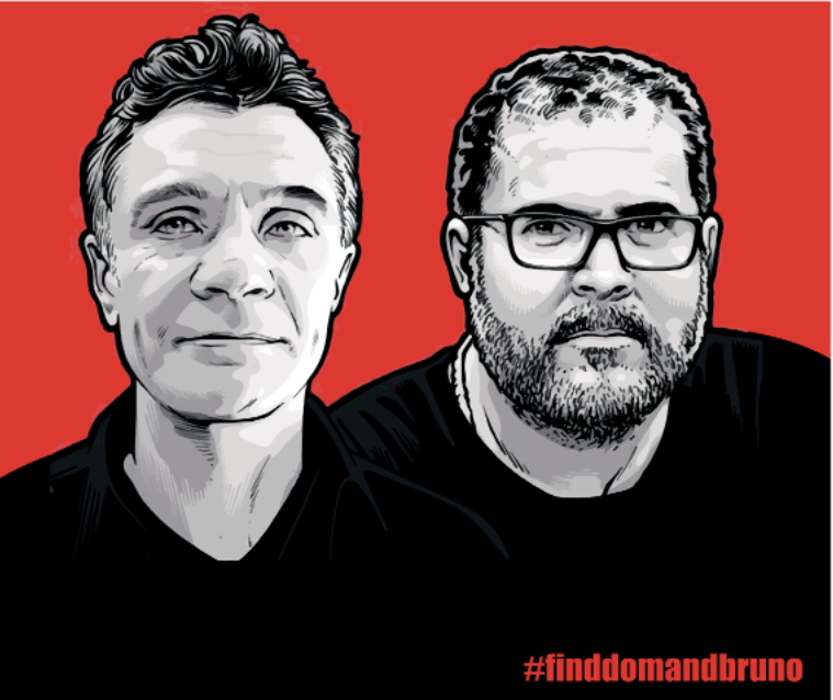 Red, white and black graphic of two people with the text 