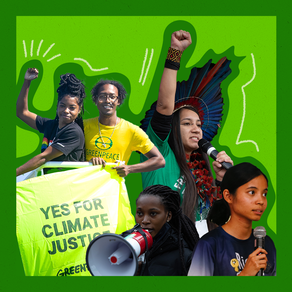 Photo montage showing activists of colour speaking into microphones and megaphones, holding up placards and raising their fist in the air. One holds a sign saying "Yes for climate justice"