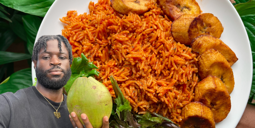 Montage shows a half-smiling David Olu holding up a coconut, with a beautifully presented plate of his jollof rice in the background